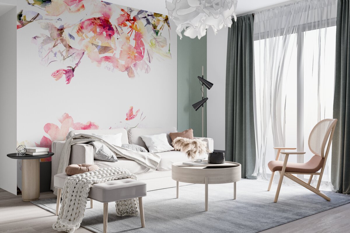 Fototapeta motyle i białe kwiaty w akwareli