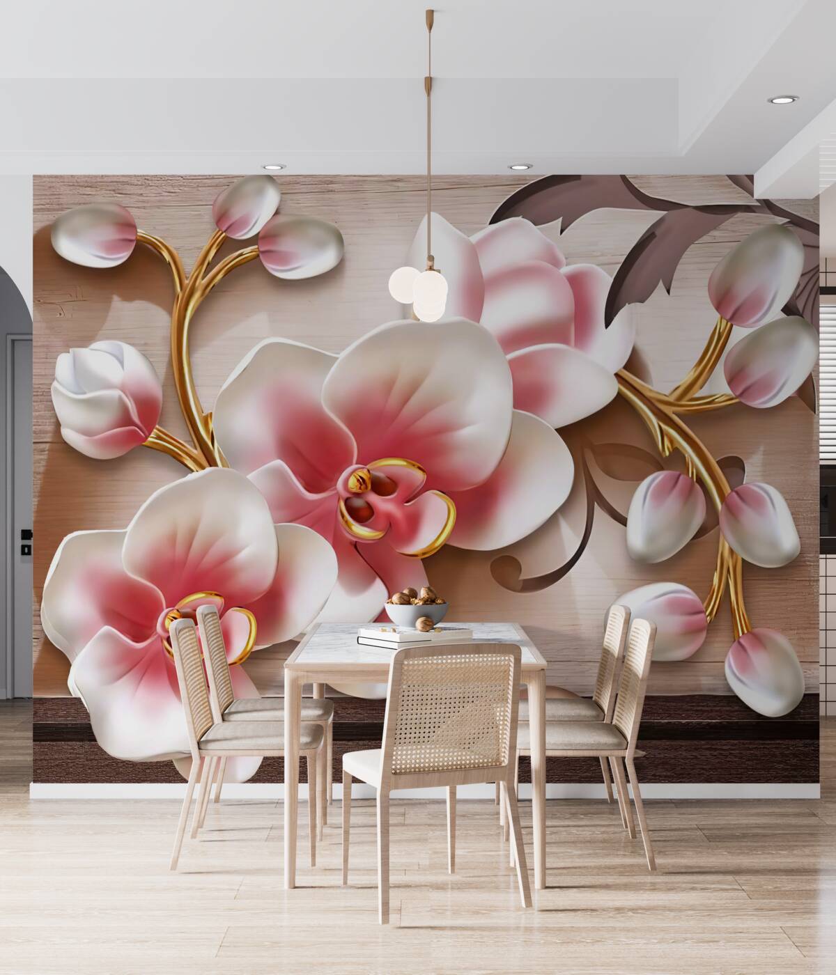 Fototapeta delikatne różowe kwiaty z cienkimi złotymi gałązkami