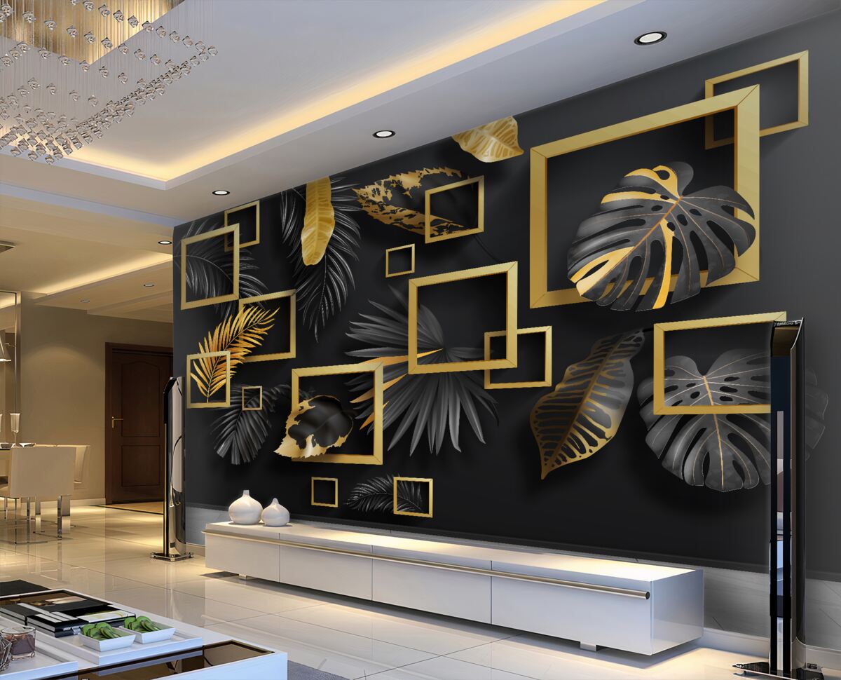 Fototapeta czarna ściana ze złotymi ramami