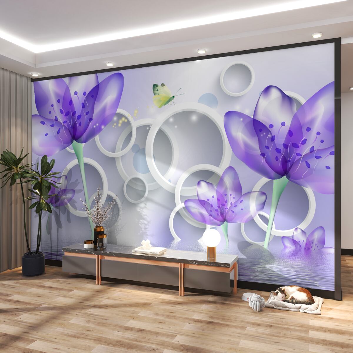 Fototapeta fantastyczne fioletowe kwiaty i białe kółka