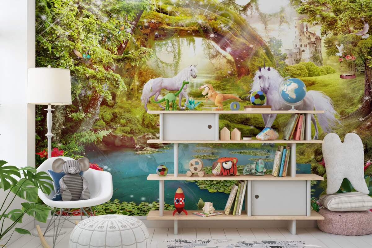 Fototapeta Białe jednorożce w pobliżu wody w lesie