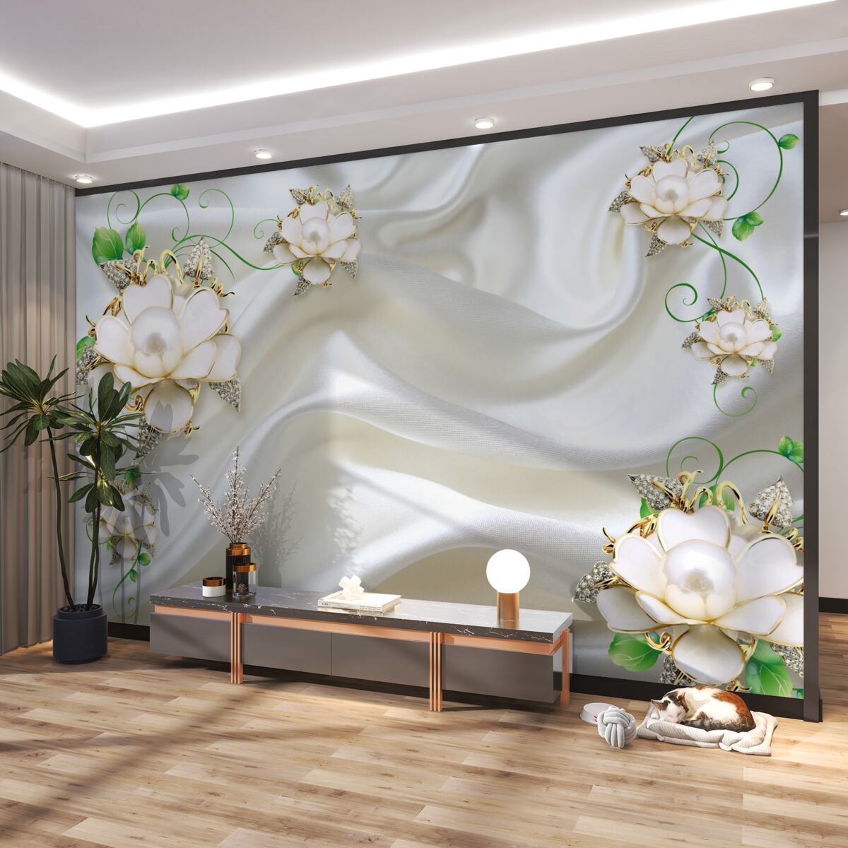 Fototapeta białe kwiaty na białym, satynowym tle