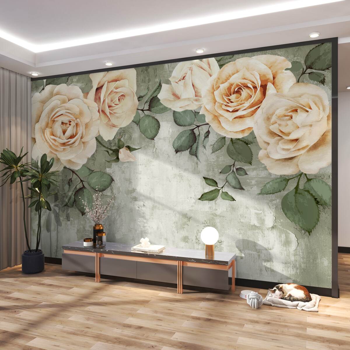 Fototapeta beżowe róże z dużymi zielonymi liśćmi