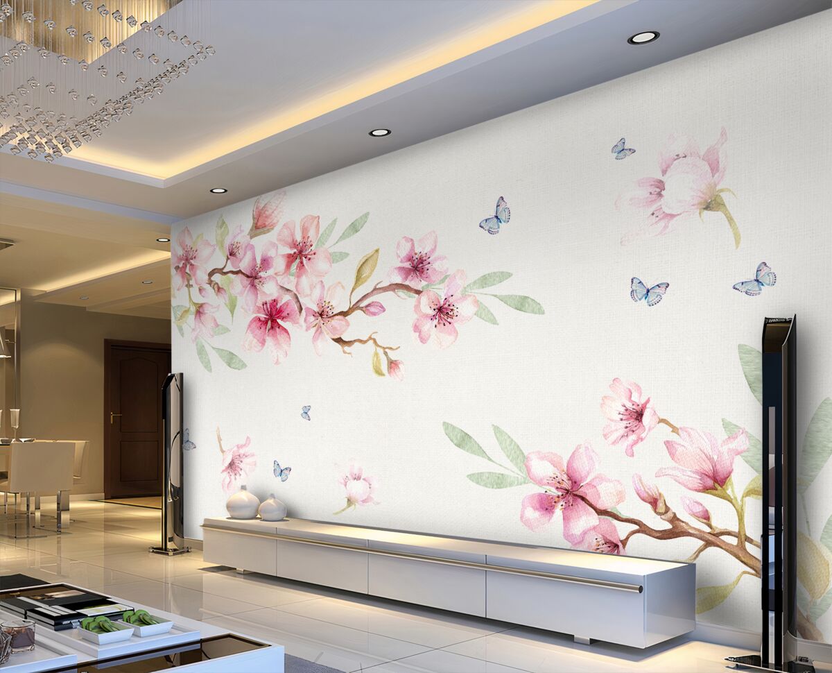 Fototapeta motyle latają w pobliżu kwitnących gałęzi