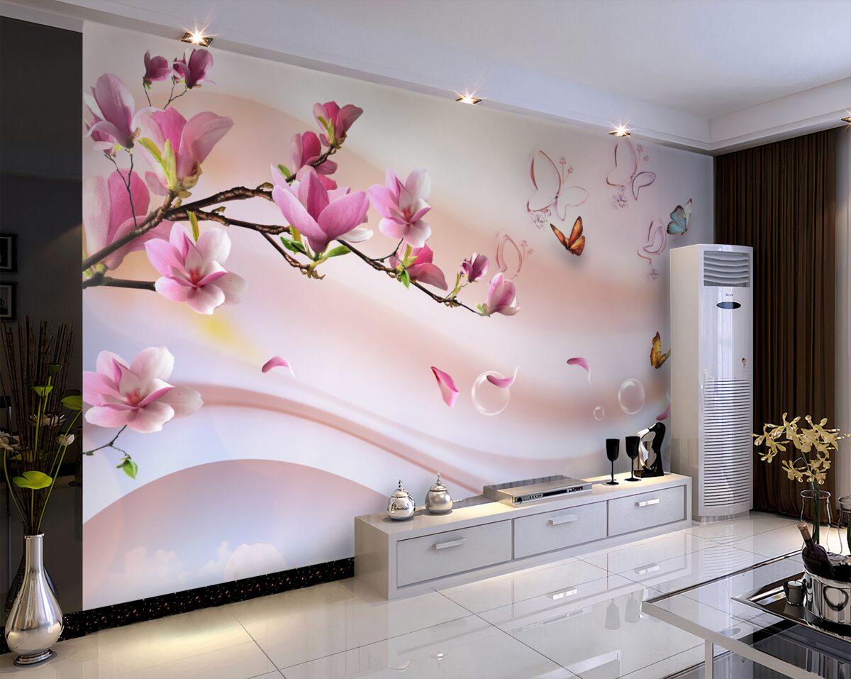 Fototapeta gałązka z różowymi kwiatami i motylami