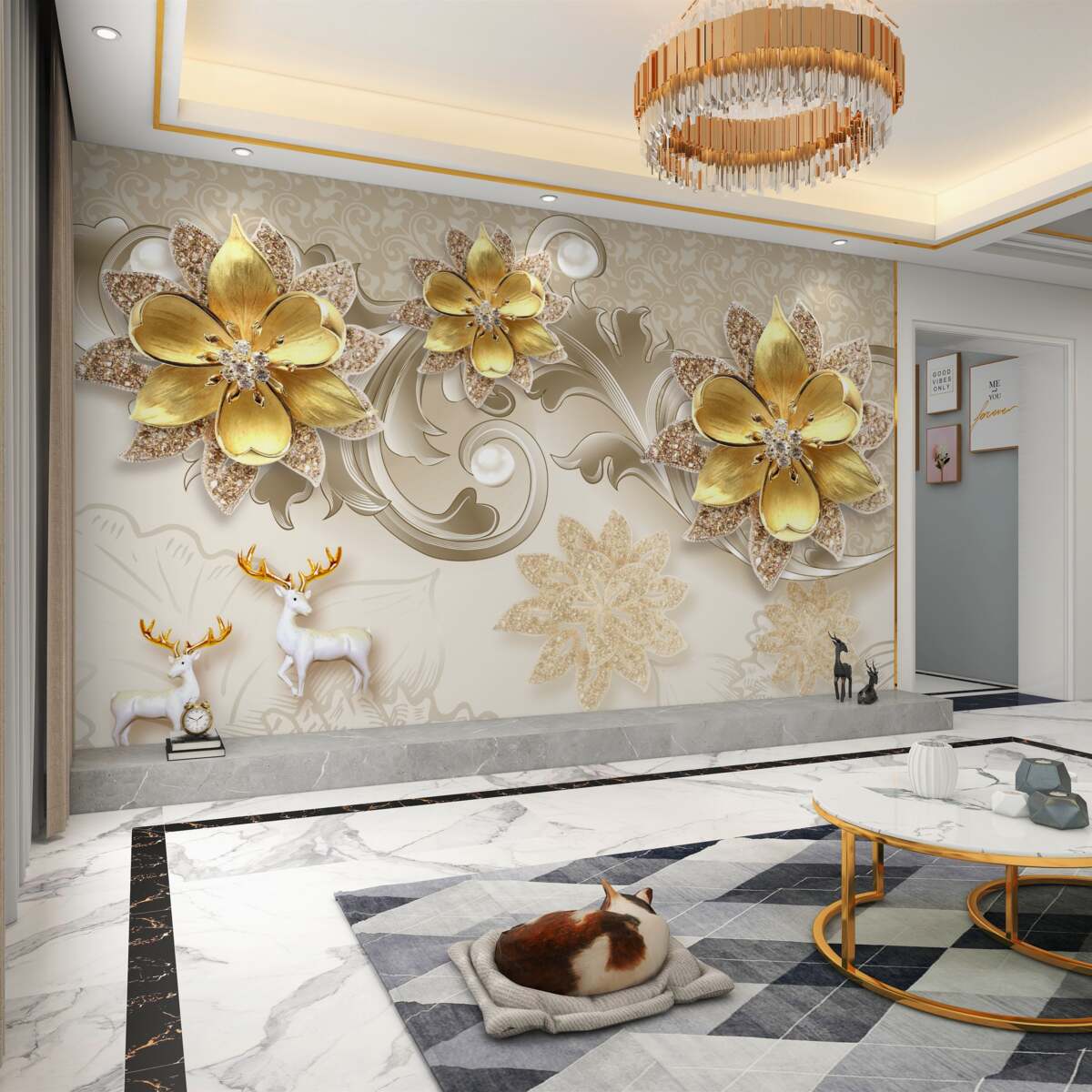 Fototapeta mały biały jeleń i żółte kwiaty wykonane z kamieni