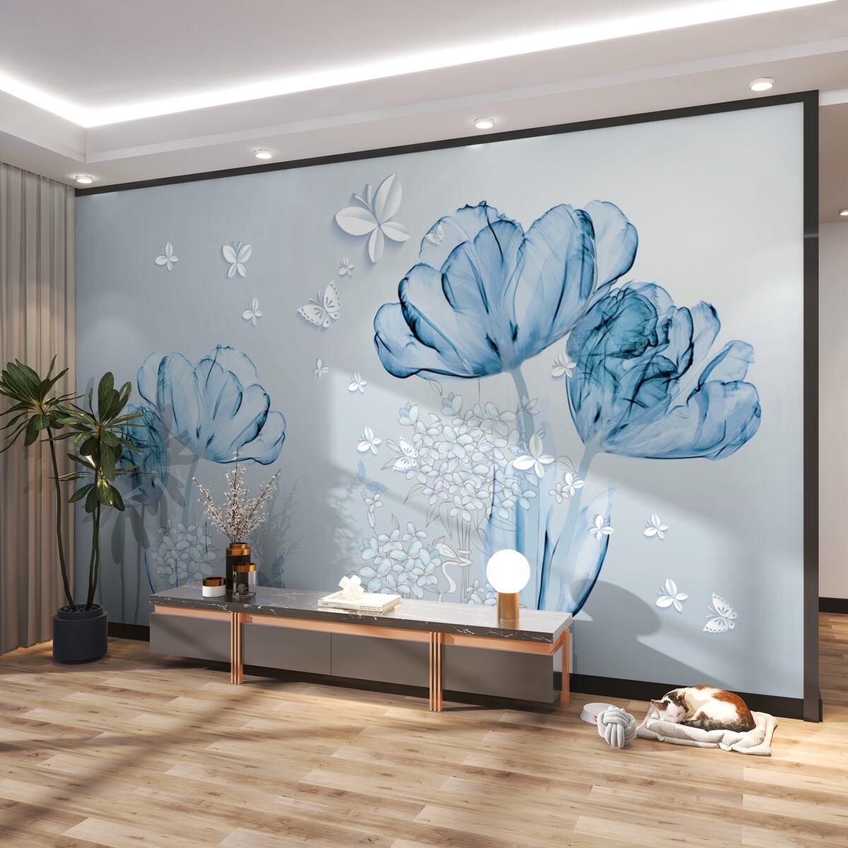 Fototapeta niebieskie kwiaty i białe motyle