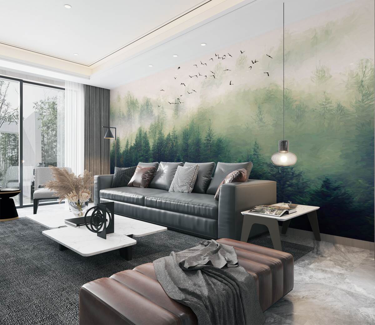 Fototapeta ptaki latają nad lasem we mgle