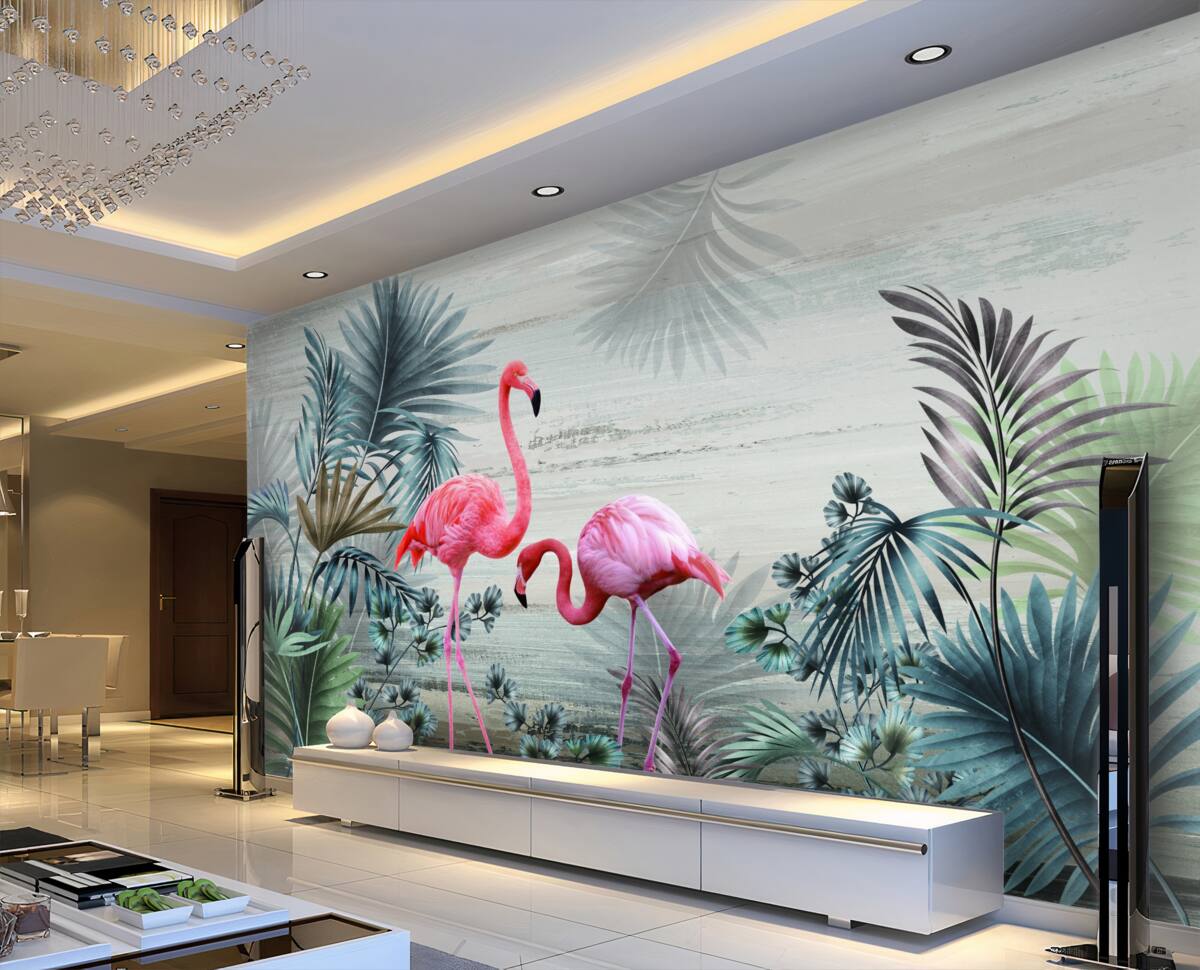 Fototapeta różowy flaming wśród liści