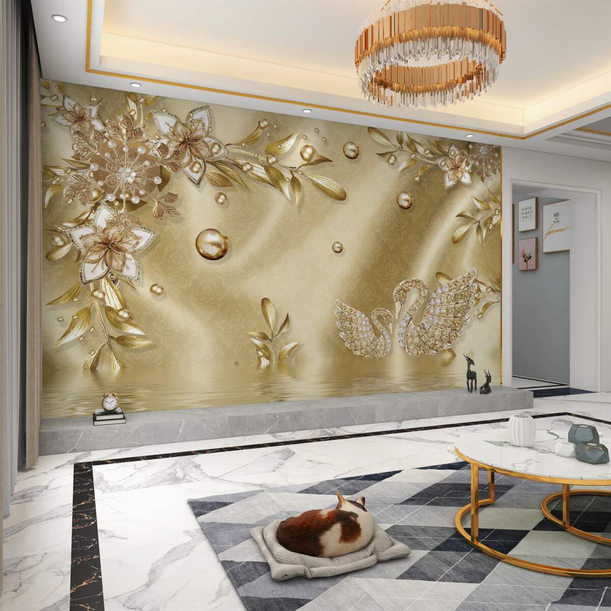 Fototapeta kwiaty i łabędzie wykonane z kamieni