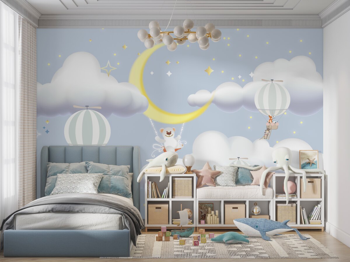 Fototapeta Niedźwiedź na księżycu i zwierzęta w balonach