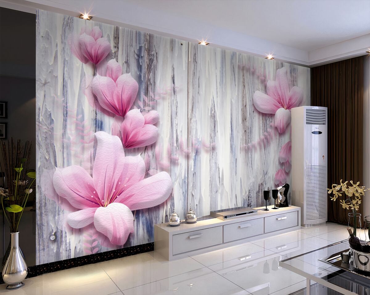 Fototapeta różowe kwiaty na kolorowej ścianie