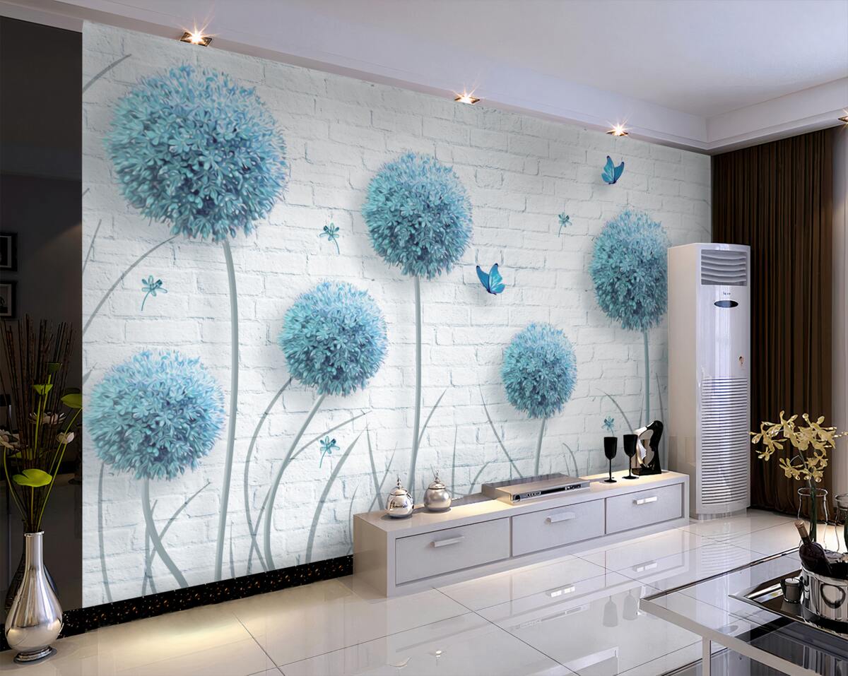 Fototapeta niebieskie okrągłe kwiaty na białym murze