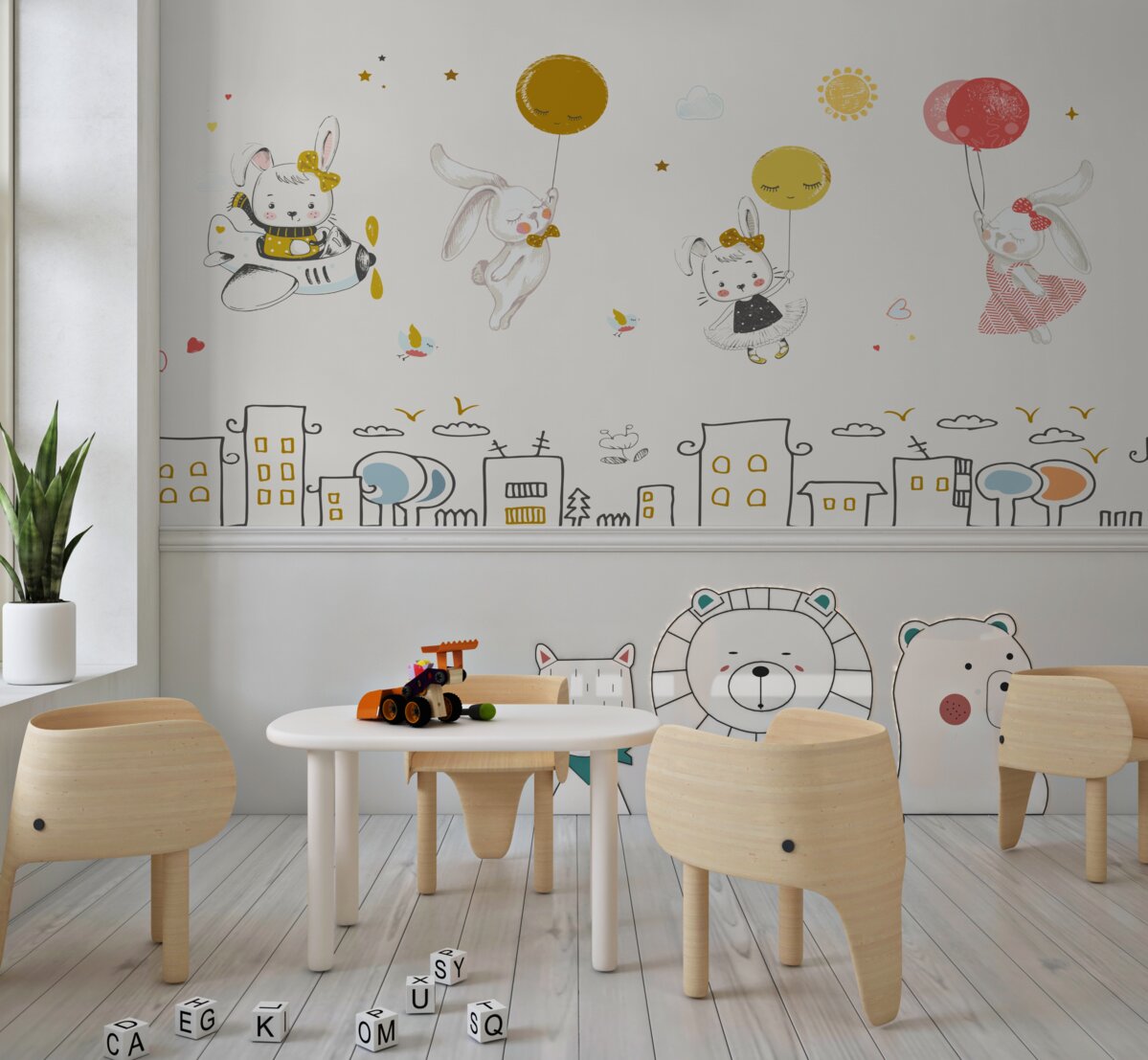 Fototapeta Króliczki latają nad domami