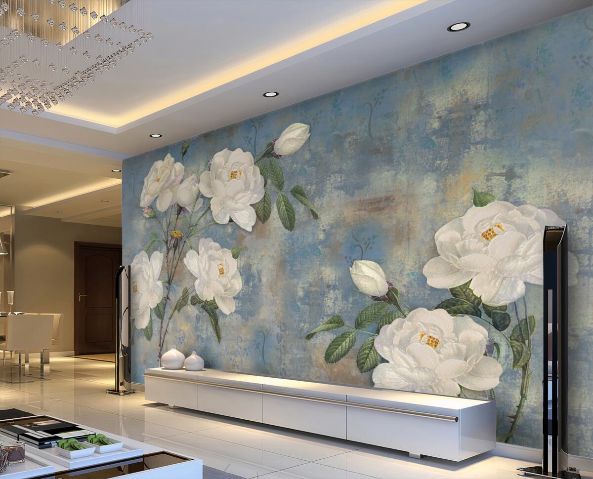 Fototapeta gałęzie białych róż na niebieskim tle