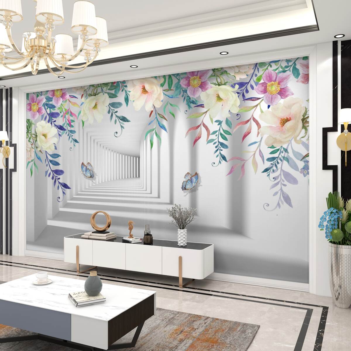 Fototapeta kwiaty przed długim korytarzem