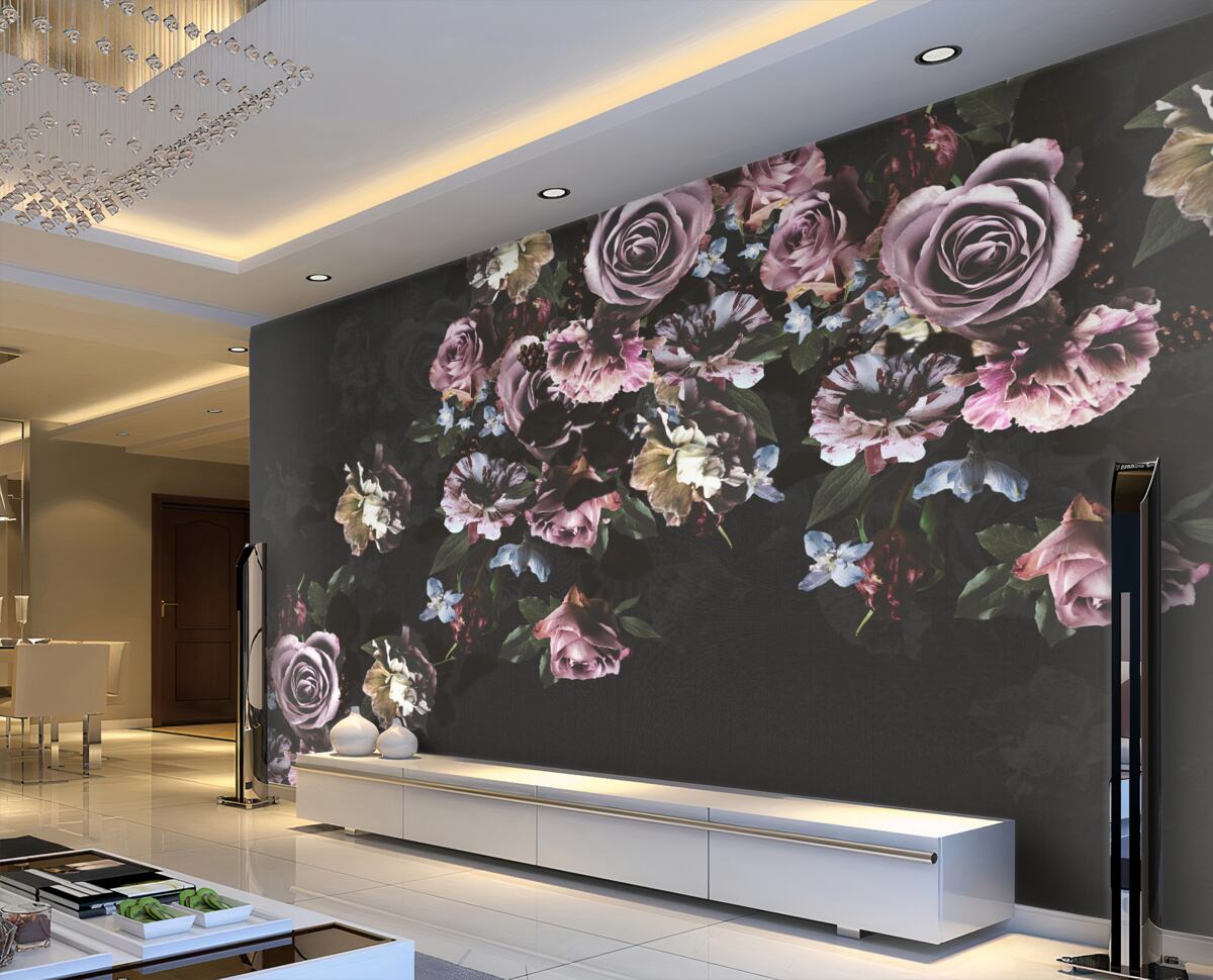 Fototapeta różowe kwiaty na czarnym tle