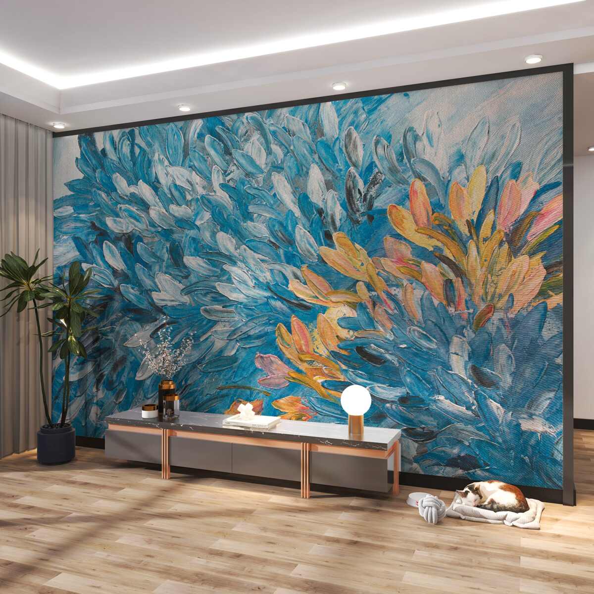 Fototapeta malowanie farbami niebieskimi i pomarańczowymi