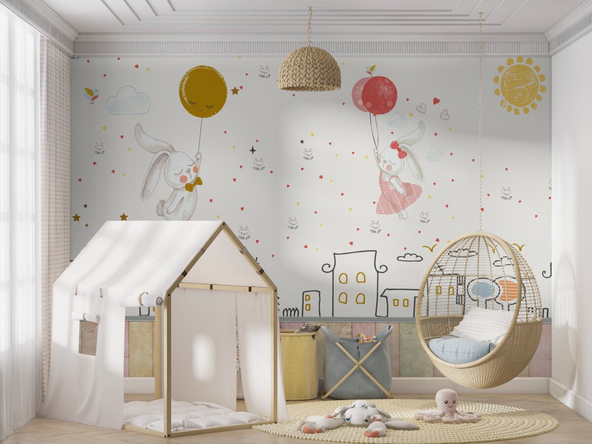 Fototapeta Króliki unoszą się nad domkami z balonów