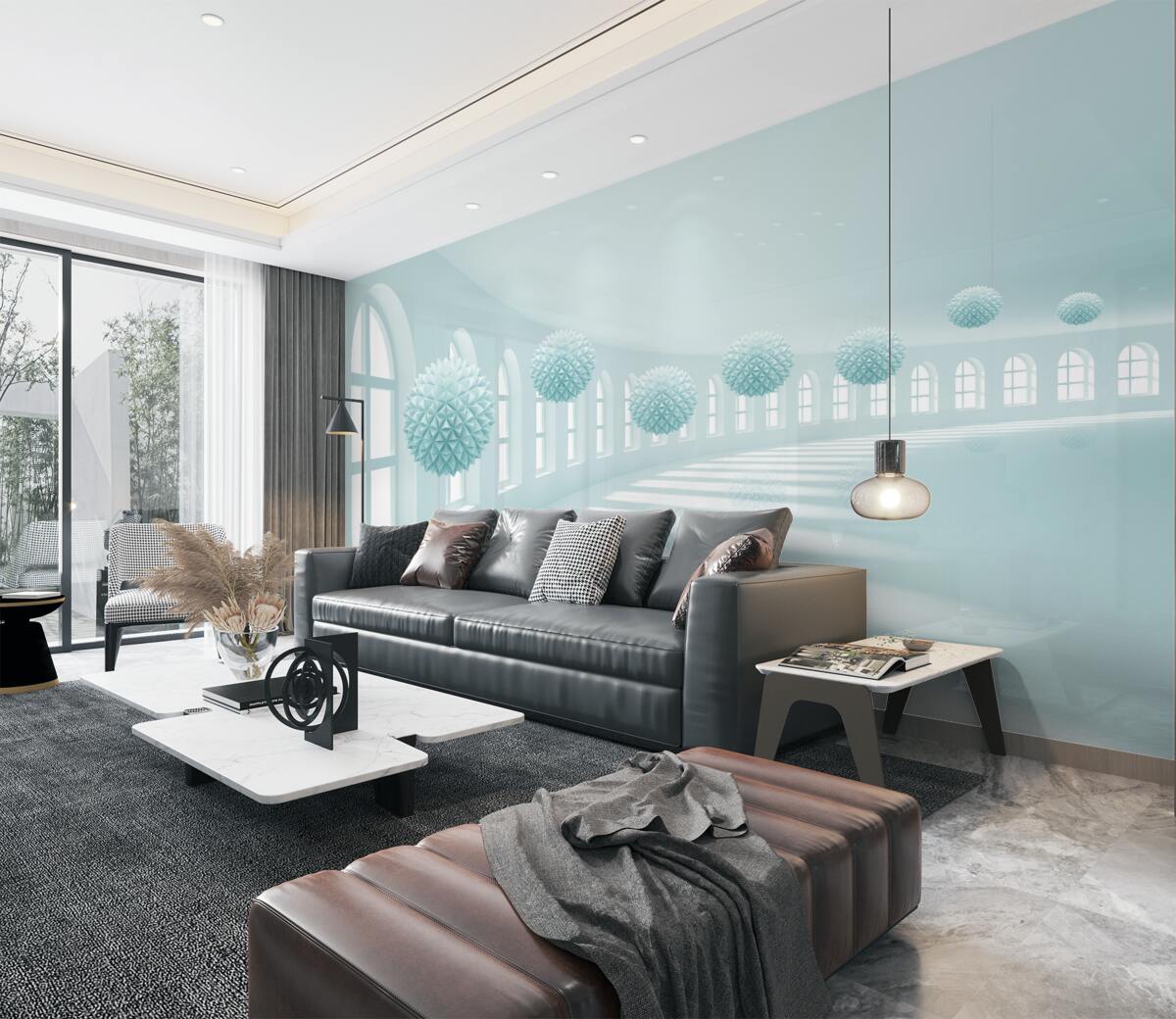 Fototapeta korytarz z oknami i niebieskimi kulkami