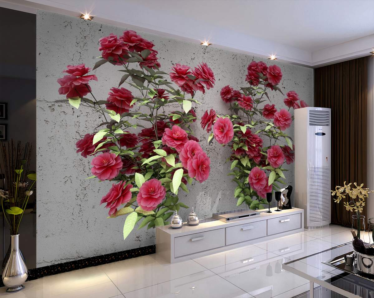 Fototapeta różowe kwiaty z zielonymi liśćmi