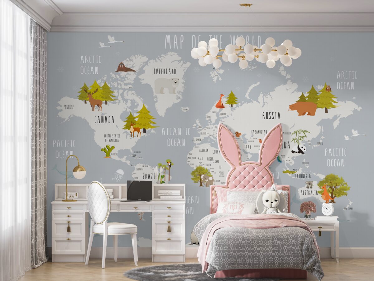 Fototapeta Zwierzęta i drzewa na mapie świata