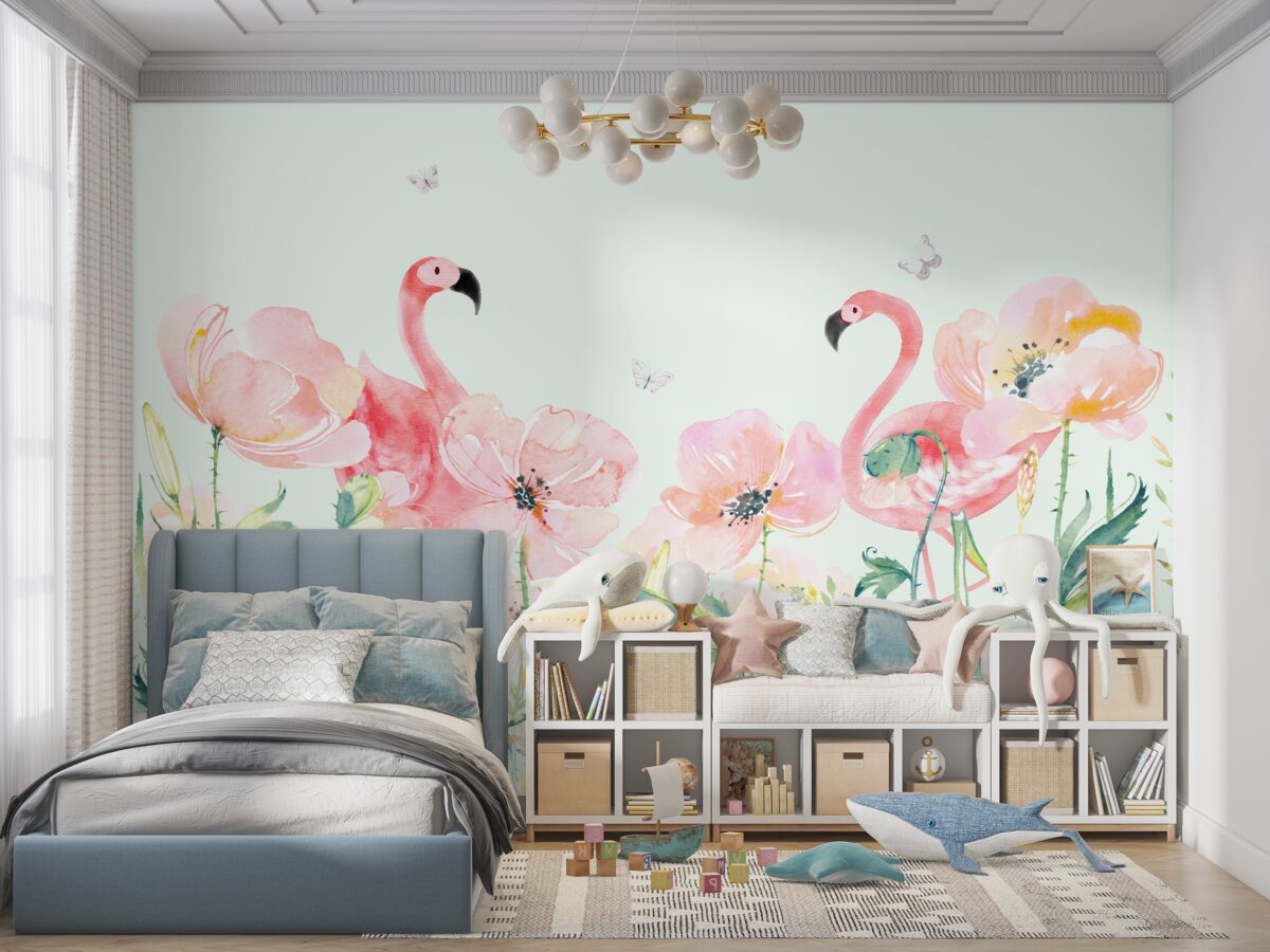 Fototapeta Różowy flaming w różowych kwiatach