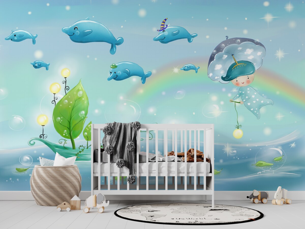 Fototapeta Dziecko z parasolką leci z delfinami nad wodą