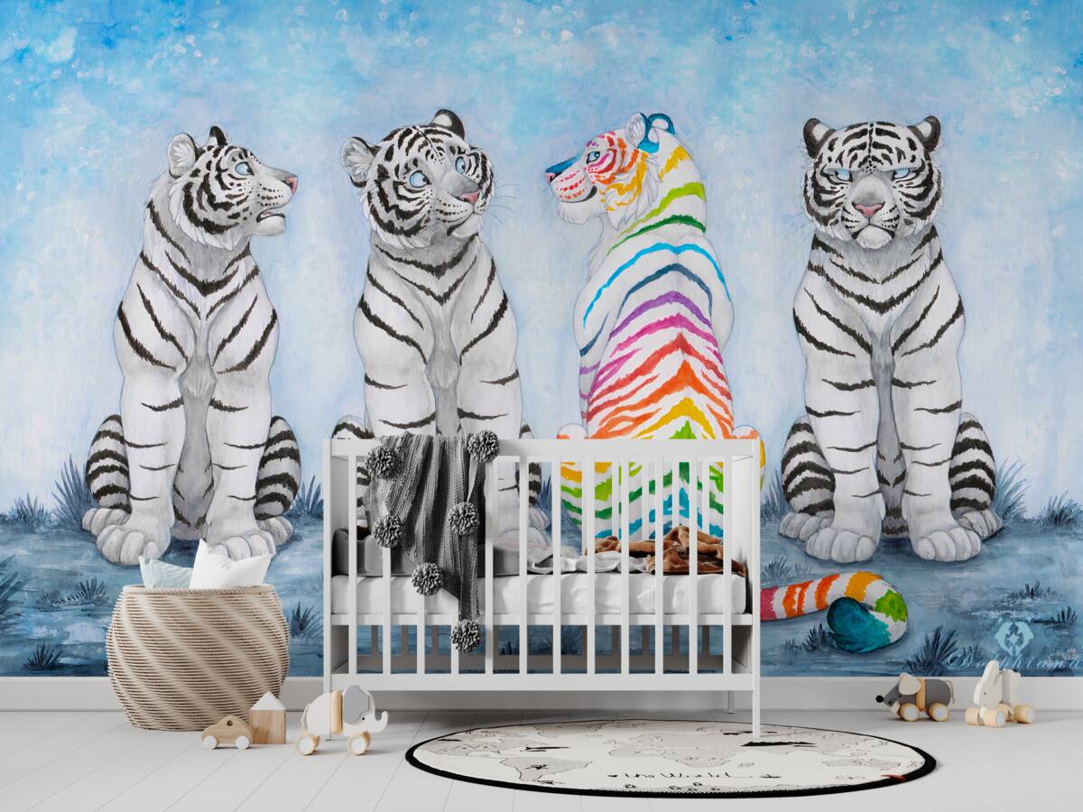 Fototapeta Trzy białe tygrysy i jeden wielobarwny
