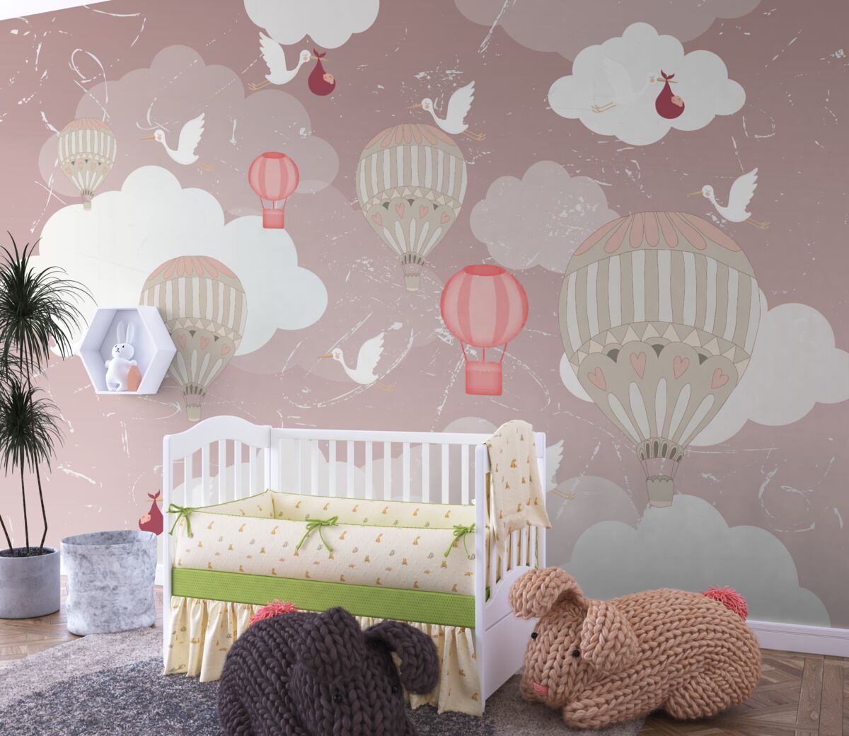 Fototapeta Bociany niosą dzieci wśród balonów