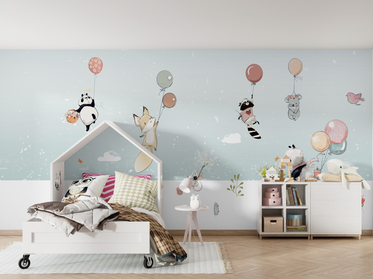 Fototapeta Zwierzęta unoszą się na balonach, a panda jeździ na rowerze