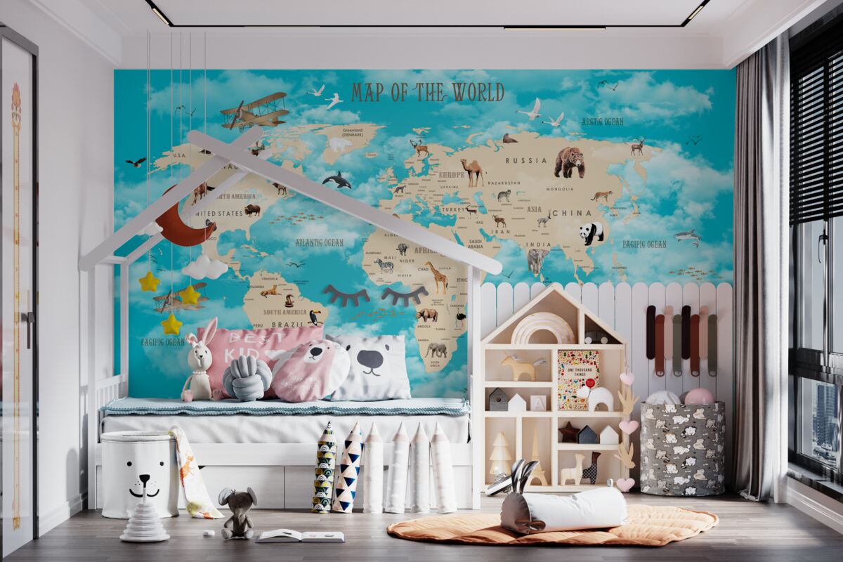 Fototapeta Mapa świata na turkusowym tle ze szczegółami