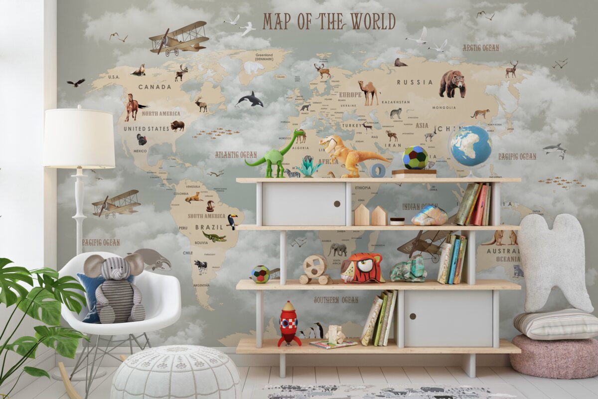 Fototapeta Mapa świata ze szczegółami dotyczącymi zwierząt i transportu