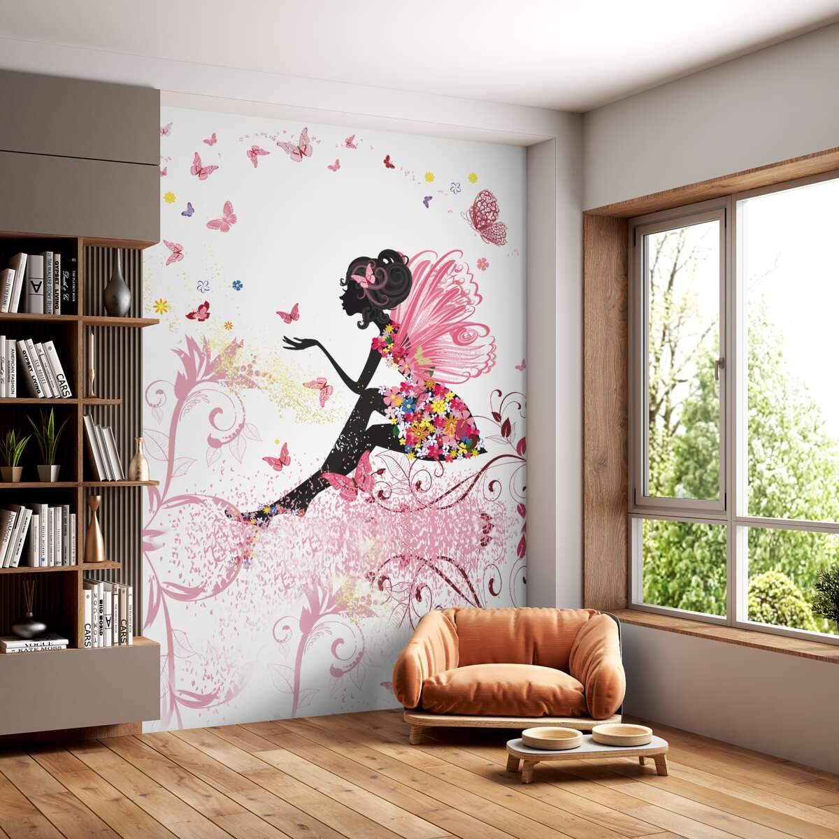 Fototapeta Sylwetka dziewczyny w motylach i kwiatach