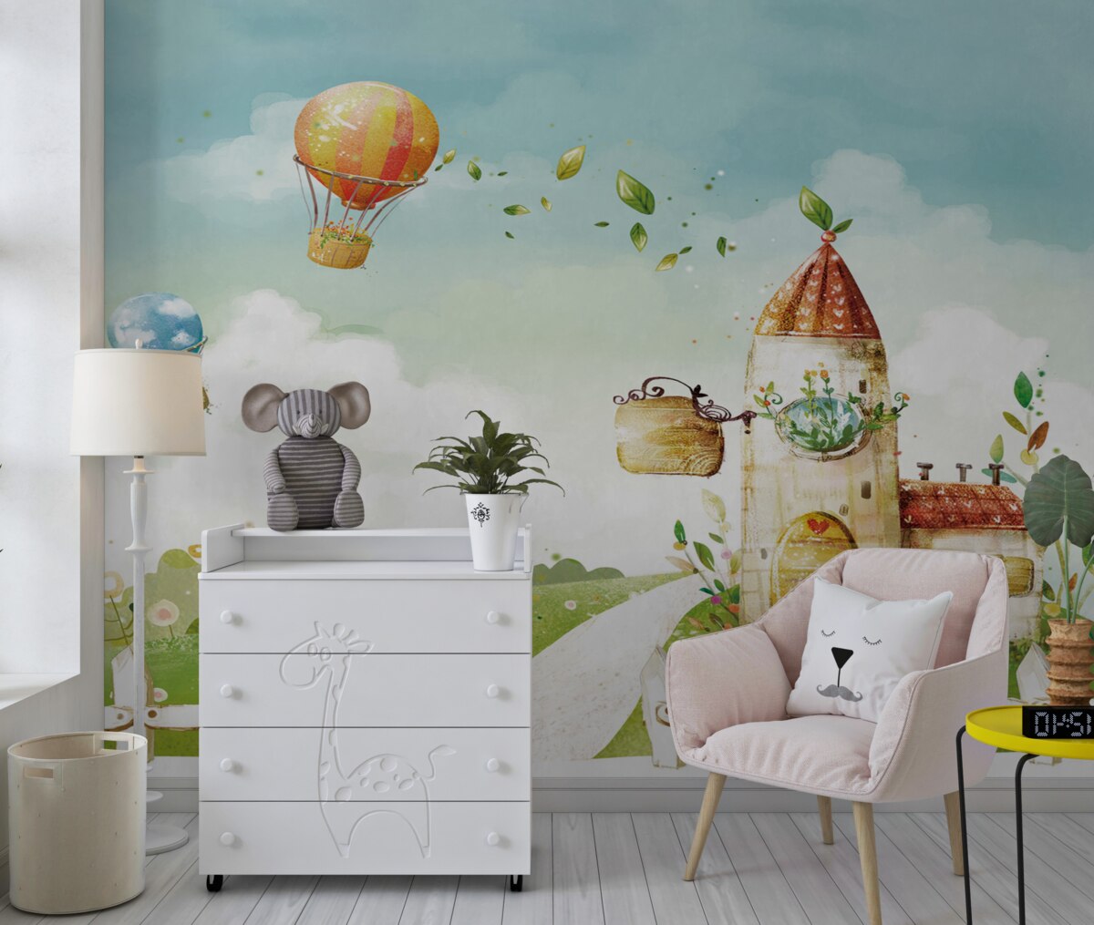 Fototapeta Balony na ogrzane powietrze przelatują nad wiejskim domem