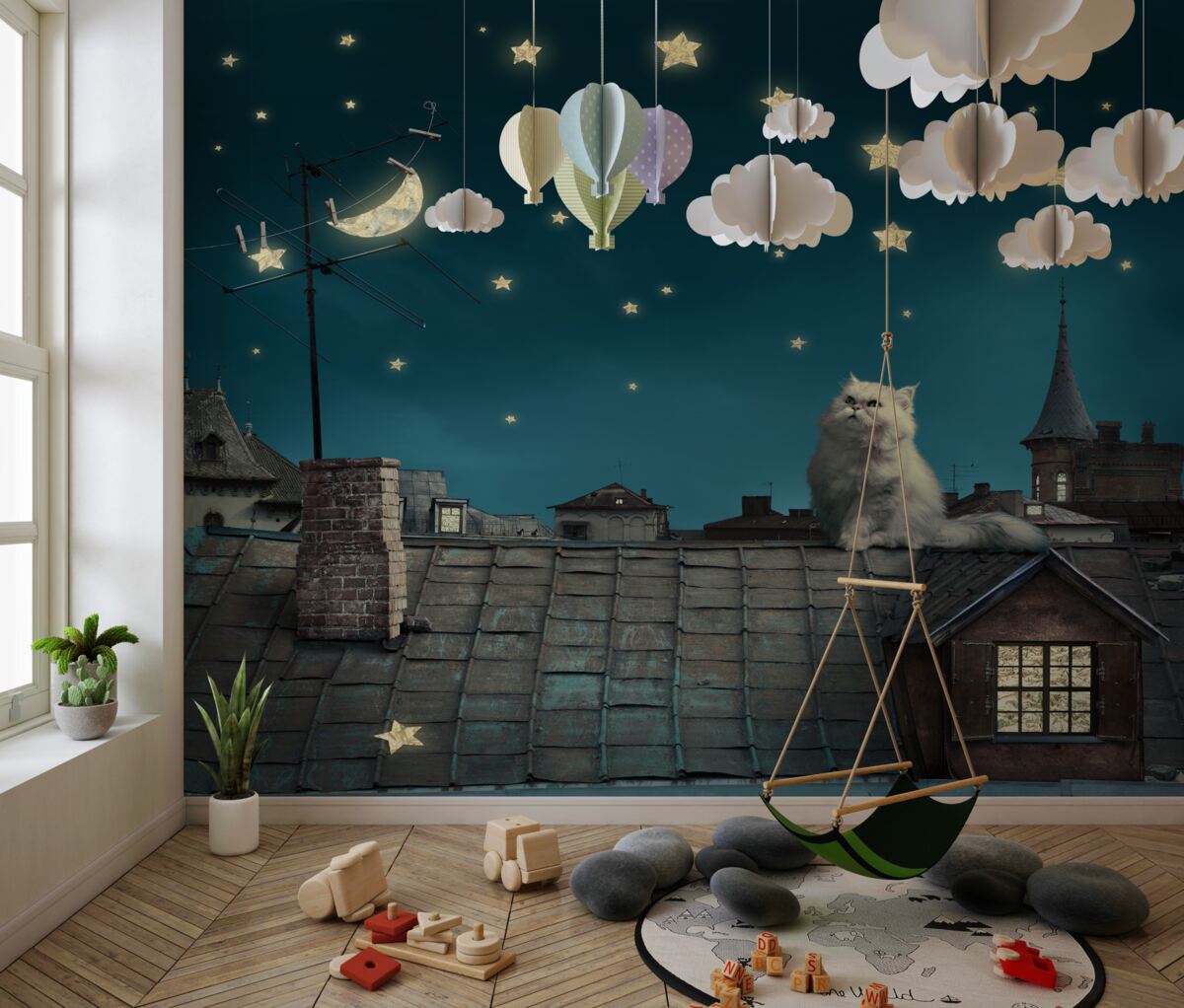 Fototapeta Biały kot na dachu w nocy