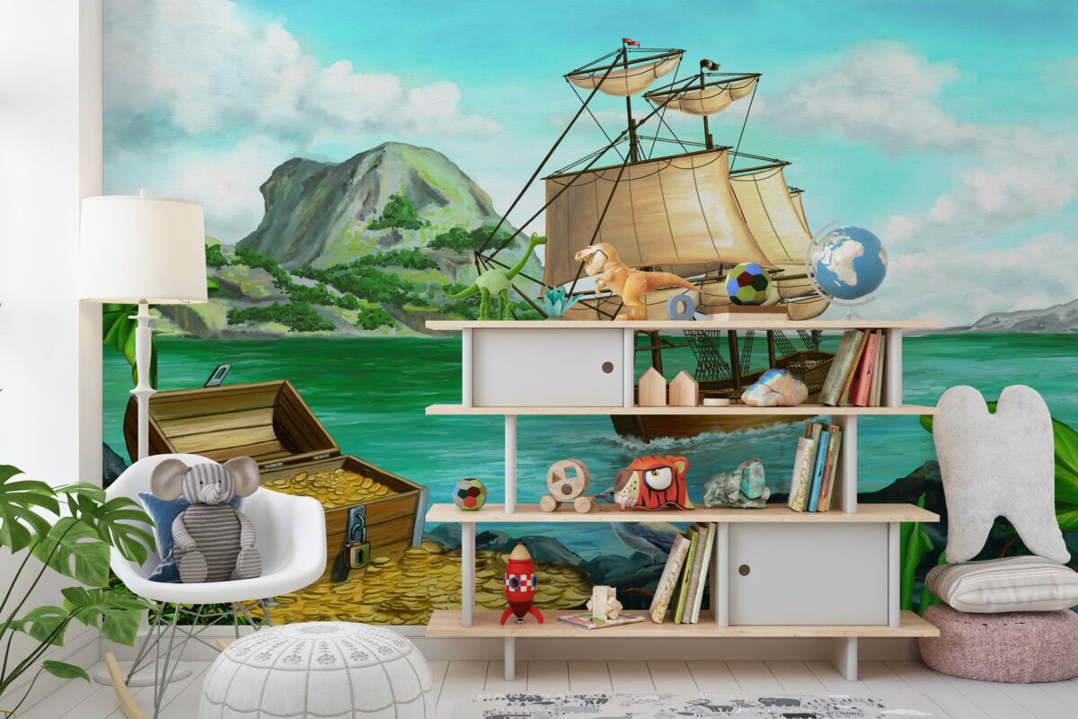 Fototapeta Statek wypływa na brzeg ze skarbem