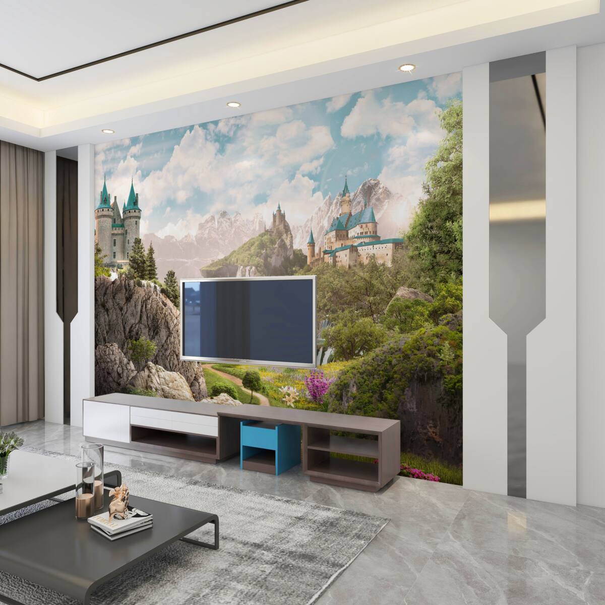 Fototapeta krajobraz z zamkami i wodospadem