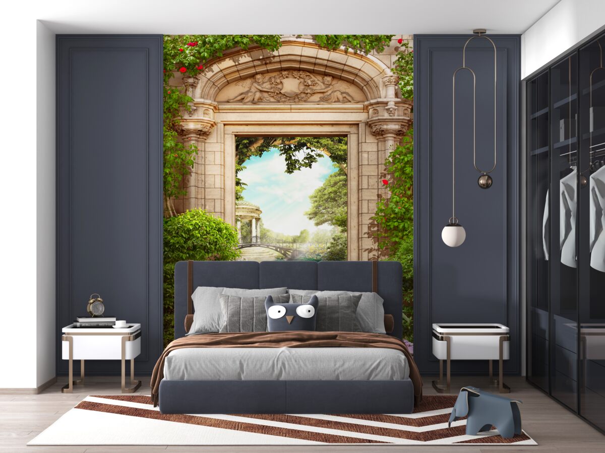 Fototapeta widok z podcienia na altankę i jezioro łabędzie