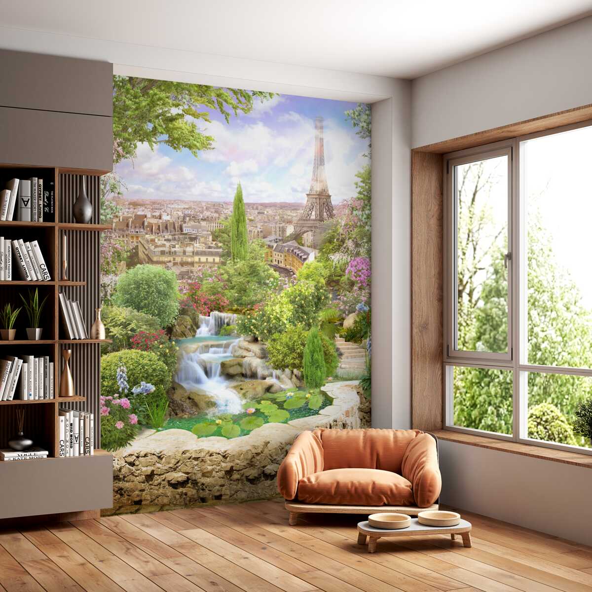 Fototapeta kwitnący ogród z widokiem na Wieżę Eiffla