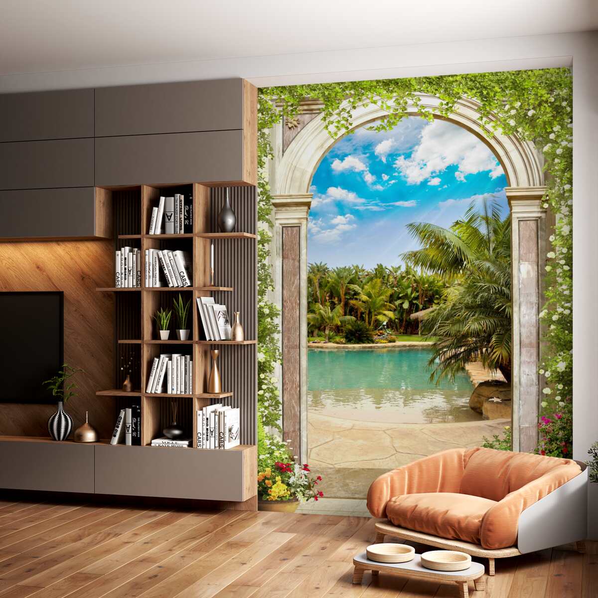 Fototapeta widok ze sklepienia na wodę i palmy