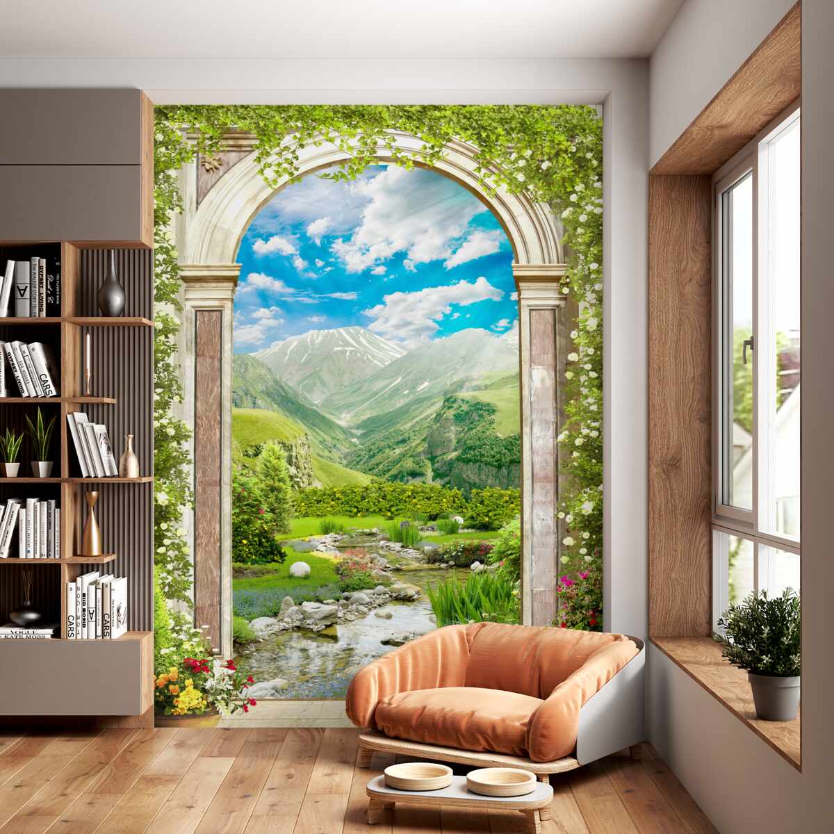 Fototapeta łuk z widokiem na rzekę i góry