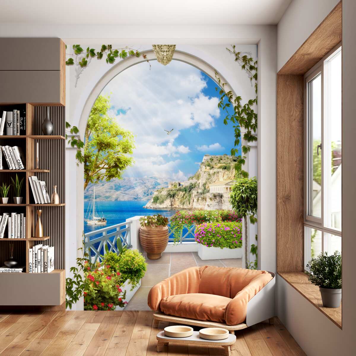 Fototapeta okno z widokiem na góry i morze