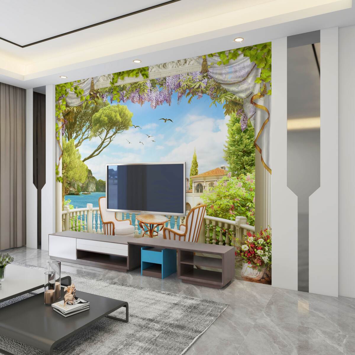 Fototapeta dwa fotele ze stołem i widokiem na morze