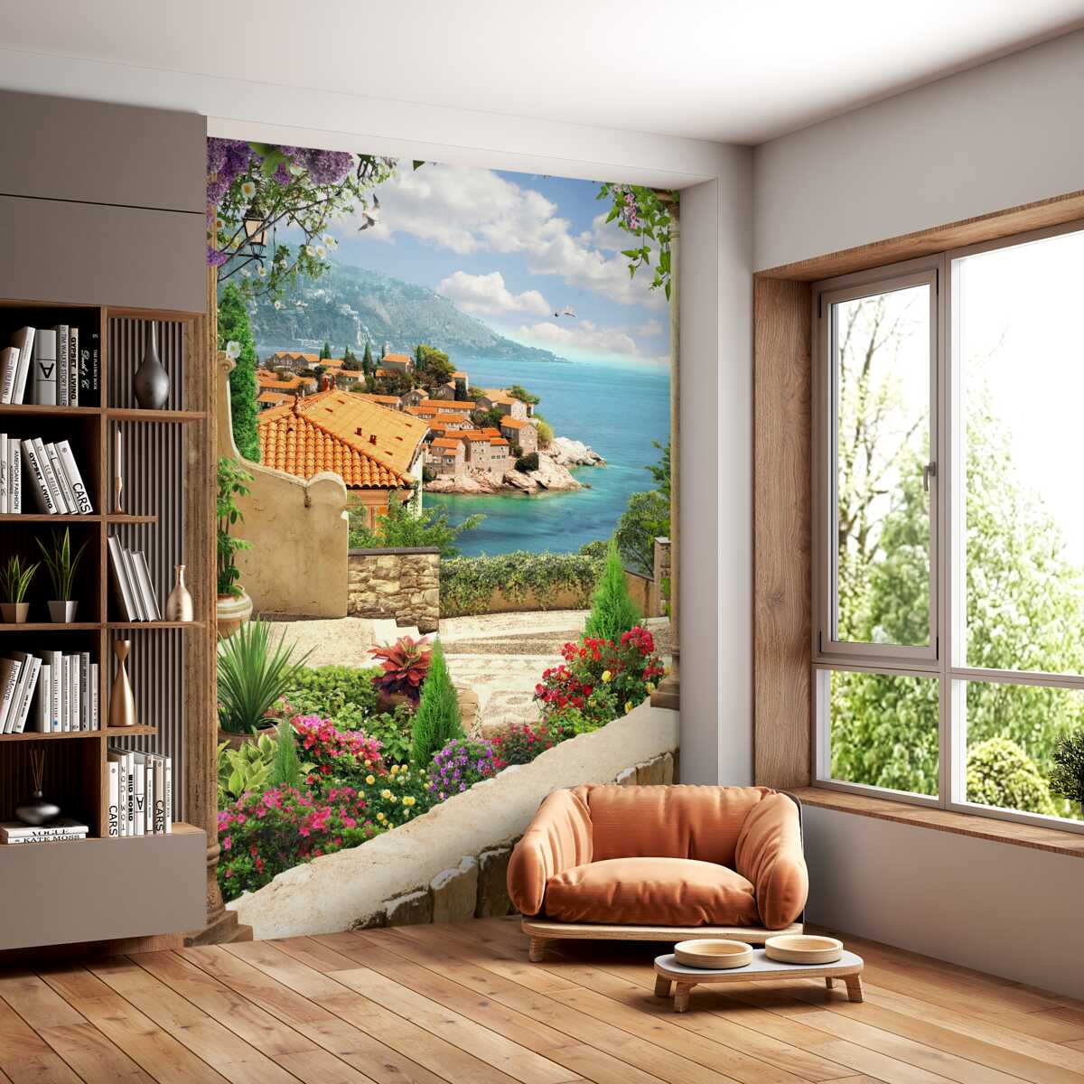 Fototapeta przytulny dziedziniec z widokiem na morze