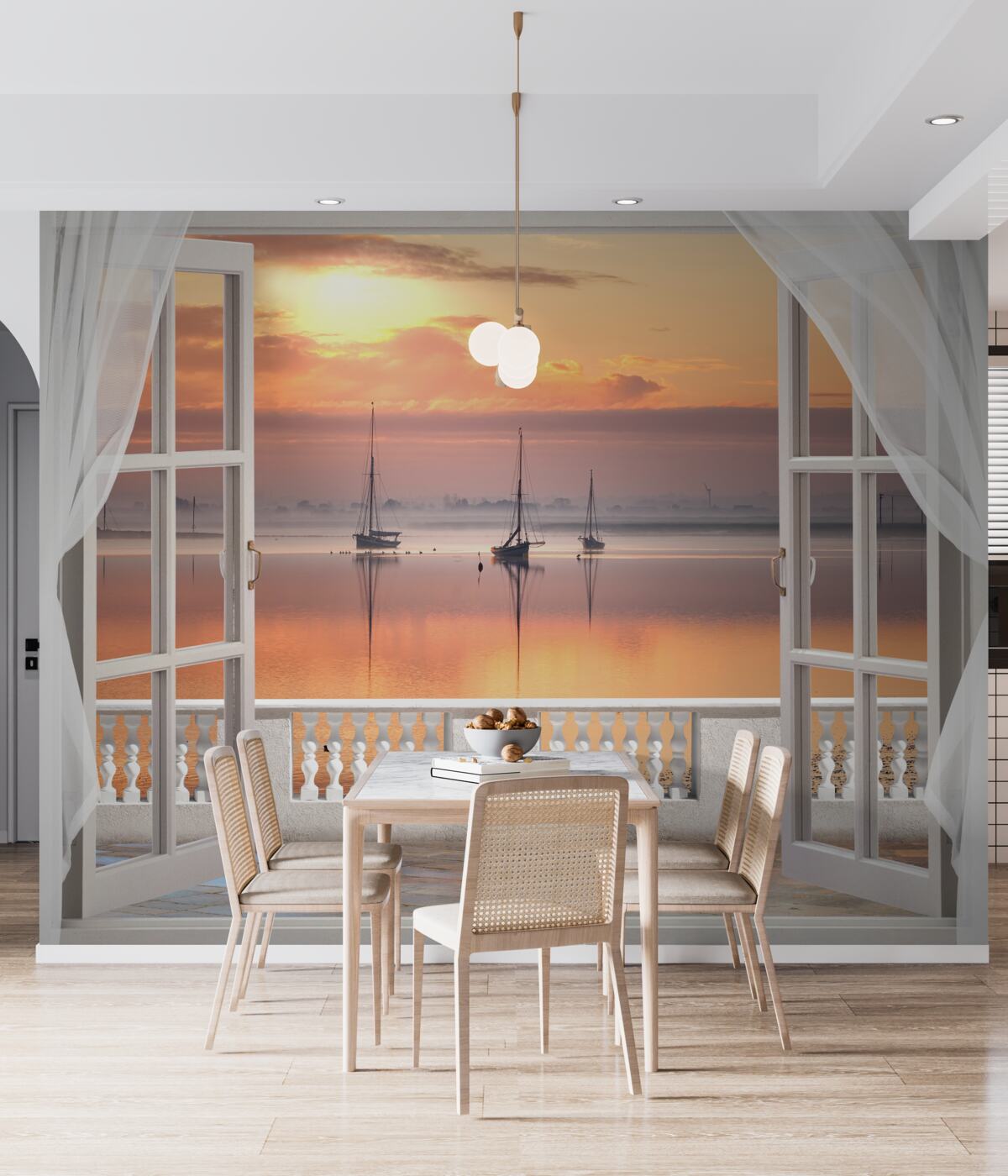 Fototapeta widok na zachód słońca z białego balkonu