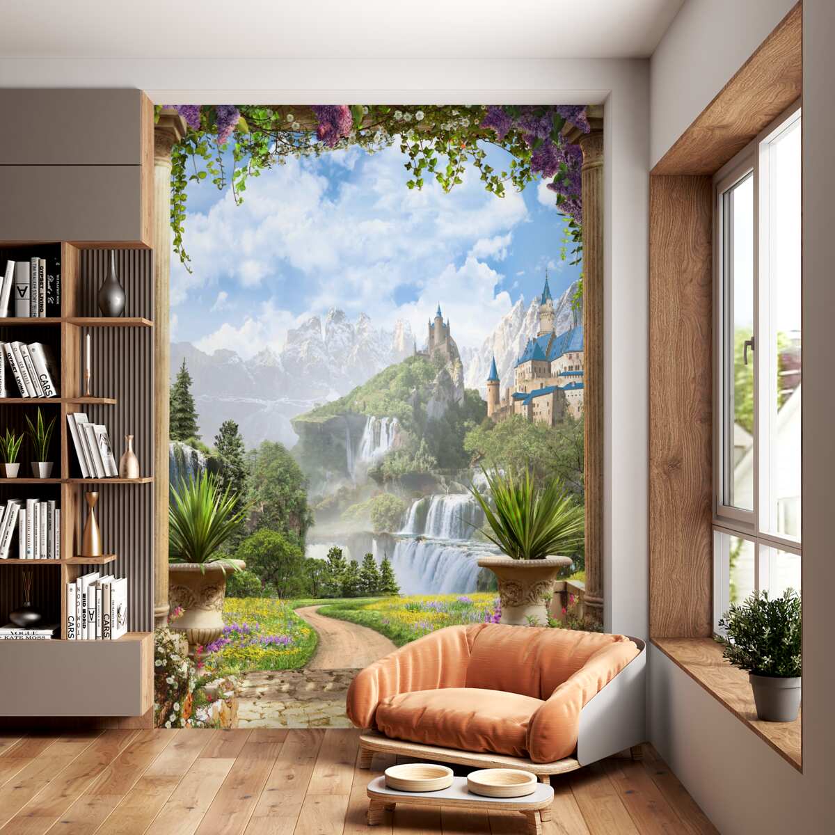 Fototapeta taras z widokiem na wodospad i zamek