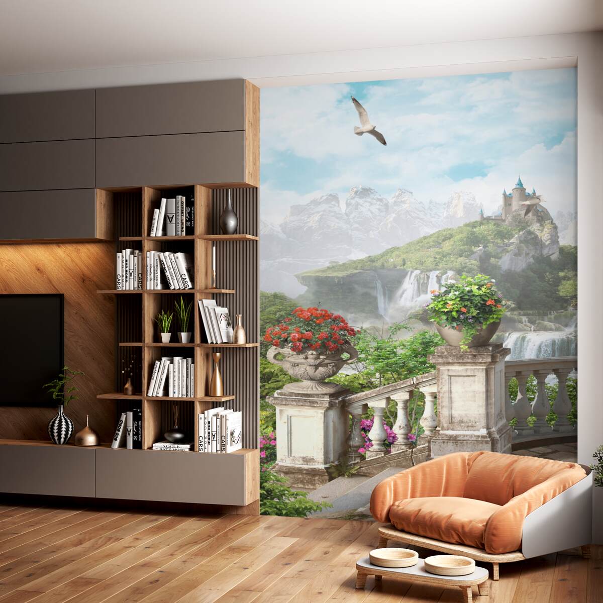 Fototapeta balkon z kwiatami z widokiem na wodospad i zamek