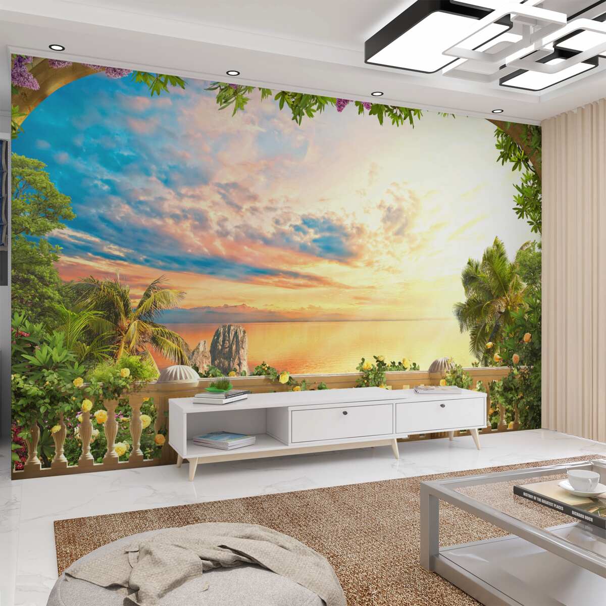 Fototapeta widok zachodu słońca z tarasu na tle morza