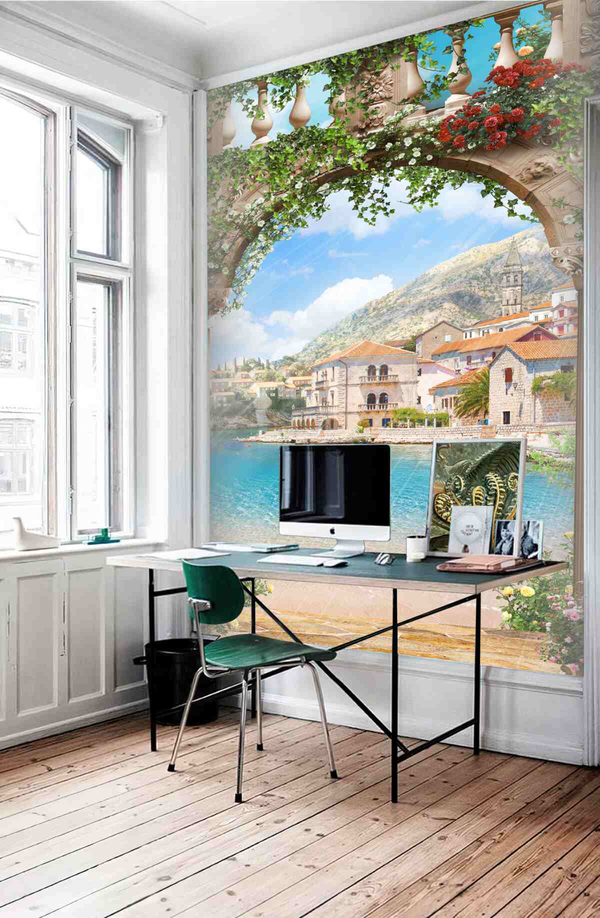 Fototapeta widok na morze z łuku w kwiatach